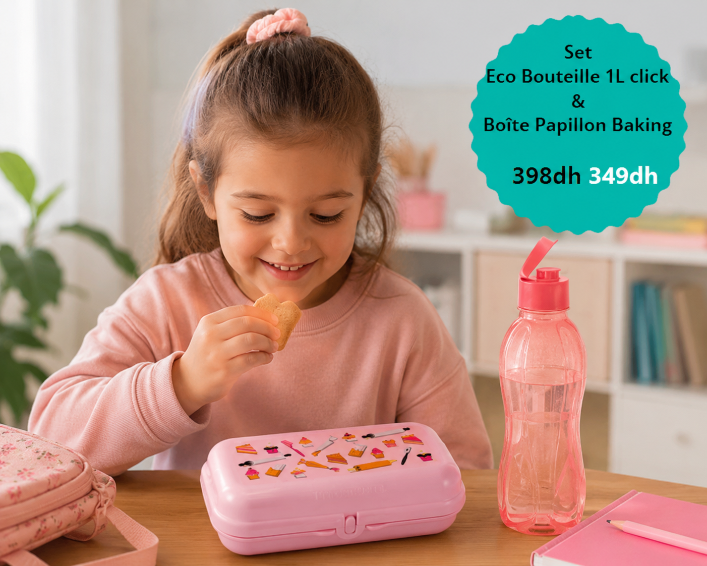 Grande Boite Papillon Rose Baking + Eco Bouteille Click 1lt Saumon